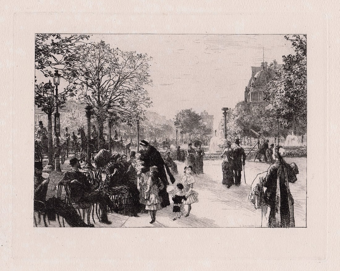 Leon Lhermitte Champs Elysees 1884 etching: Leon Augustin. Lhermitte. In the Champs Elysees. Original hand pulled copper plate etching on laid paper. 1884. Excellent. Image size 6 x 8 1/2 inches. Approximately 15 x 18 inches. This piece has bee