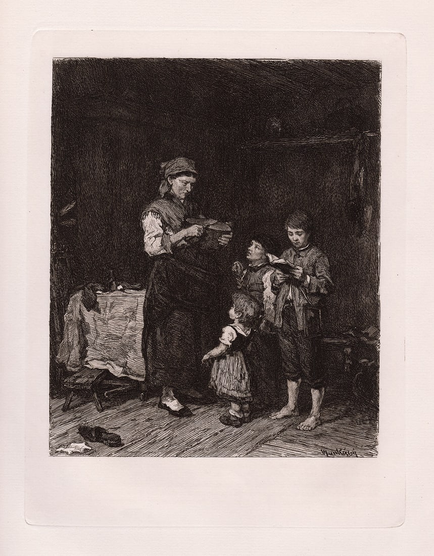 Mihaly Munkacsy Home from School etching signed (1 of 2)