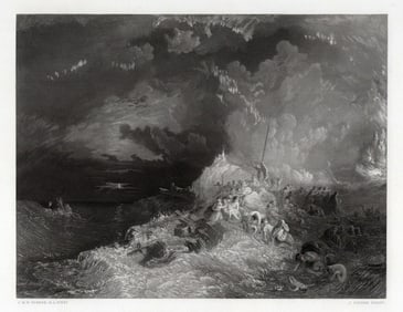 1800s JMW TURNER Engraving A Fire At Sea SIGNED Framed COA