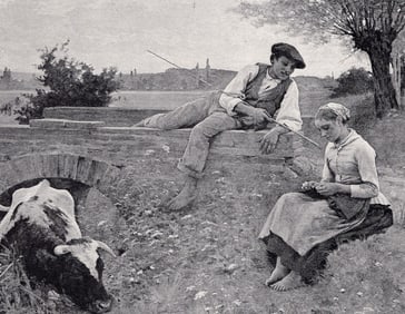 Edouard Debat-Ponsan 1800s Antique Print A Country Trio FRAMED Signed COA