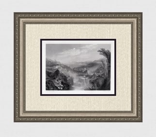 WILLIAM TURNER 1800s Engraving Landscape with Bathers SIGNED Framed