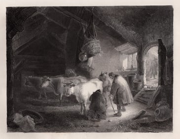 1800s Original EDWARD PRYCE OWEN Etching MILKING TIME Framed Signed