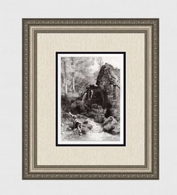 Myles Birket Foster 1800s Etching "Old English Mill" Signed Framed