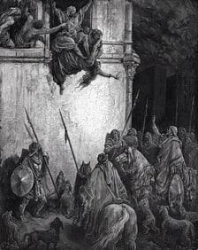 Biblical 1800s Gustave Dore Woodcut The Murder of Jezebel Framed Signed