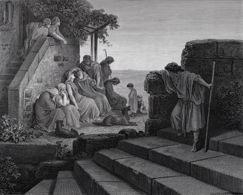 Framed 1800s Gustave Dore Religious Woodcut Return of the Lost Son Signed