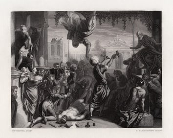 Jacopo TINTORETTO SIGNED 1800s Engraving Martyrdom of a Slave FRAMED