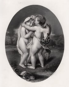 1800s William ETTY Engraving Cupid places the veil on Psyche SIGNED FRAMED