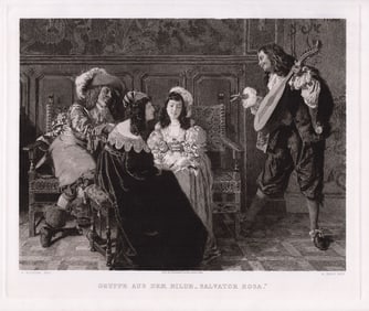 1887 Pierre-Louis Bouvier The Salon from Salvator Rosa etching signed Framed