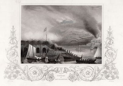 1800s George W. Terry Antique Engraving Siege of San Sebastian Signed Framed