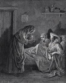 1800s DORE Fables Wood Engraving "Old Women & her Servants" FRAMED Signed