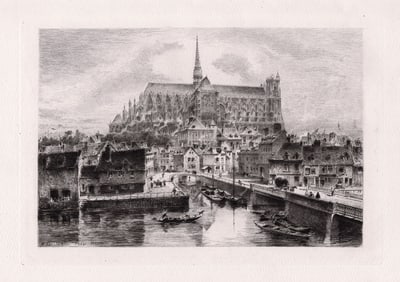 Charles Henri Toussaint 1884 etching Amiens Cathedral signed