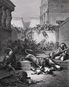 SIGNED 1800s Gustave DORE'S BIBLE Woodcut Nations Slain by the Lions FRAMED