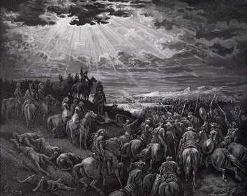 1800s Gustave DORE Biblical Wood Engraving JOSHUA STOPS THE SUN SIGNED FRAMED