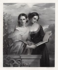 1800s Charles Lock Eastlake Engraving SISTERS ON THE TERRACE Framed Signed