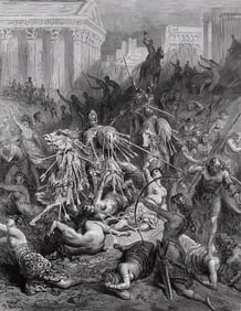 Gustave Dore 1800s Woodcut The Battle with the Fierce Women Framed Signed