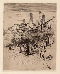 Joseph Pennell 1887 etching San Gimignano signed