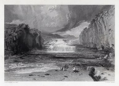WILLIAM TURNER 1800s Engraving Aysgarth Force, England FRAMED Signed
