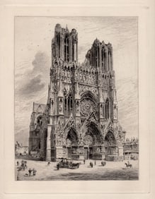 Charles Henri Toussaint 1884 etching The Front of Reims Cathedral signed