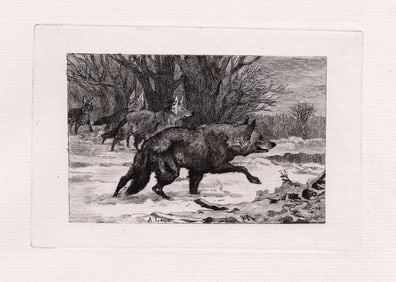 Auguste Andre Lancon 1874 etching Wolves signed