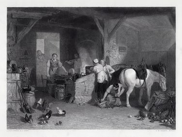 1800s WILLIAM TURNER Engraving The Busy Blacksmith Signed Framed