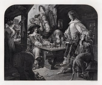 JOSEPH NOEL PATON 1800s Engraving Late Evening Drinking Wine FRAMED Signed