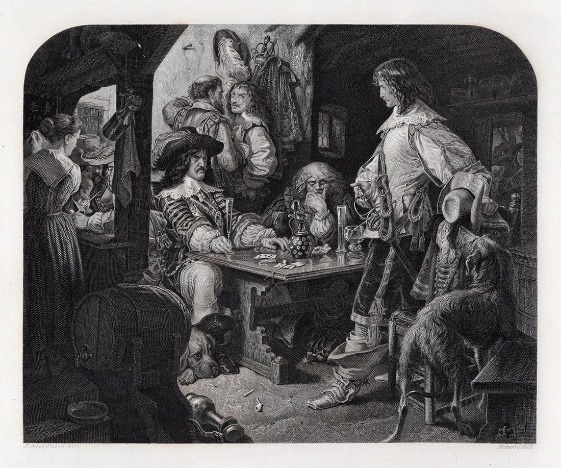 JOSEPH NOEL PATON 1800s Engraving Late Evening Drinking Wine FRAMED Signed: Sir Joseph Noel Paton (Scottish, 1821 – 1901). The Dowie Dens o Yarrow (Stanza 1st). Antique engraving on wove paper after the original by master engraver Robert Charles Bell (British, 1806-1872). S