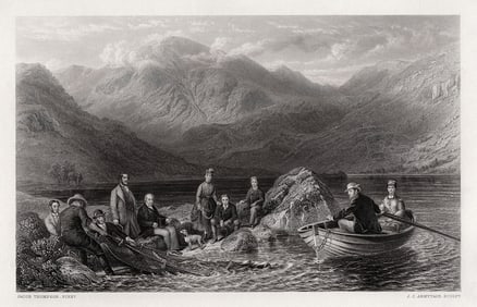 Jacob Thompson 1800s Engraving Drawing The Net At Naweswater Framed Signed