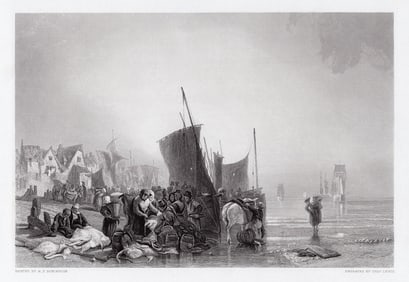 1867 Richard Parkes Bonington The Fish Market engraving signed
