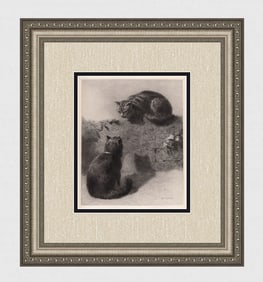 1800s Ebenezer Newman DOWNARD ORIGINAL Etching Two Cats SIGNED Framed