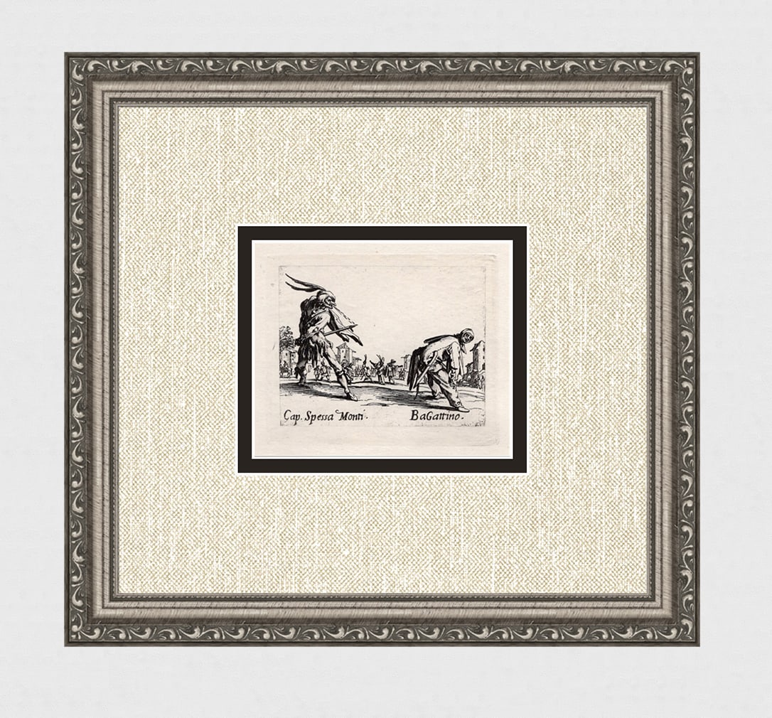CALLOT LIMITED 1920 Engraving "Spessa Monti & Bagattino" Framed: Jacques Callot (French, c.?1592 - 1635). Cap. Spessa Monti & Bagattino, from Balli di Sfessania. Antique engraving on japon paper after the original created in 1622. Year: c. 1920Limited edition of on