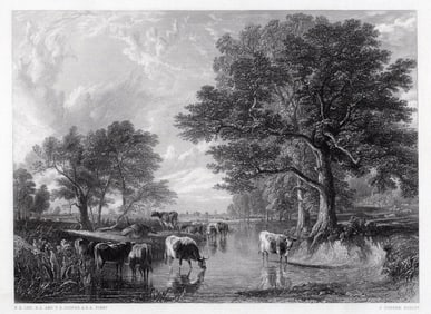 F. R. LEE & T. S. COOPER 1800s Engraving "Landscape with Cows" Framed Signed