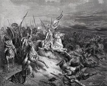 SIGNED 1800s GUSTAVE DORE'S BIBLE Woodcut Judas Defeats Lysias FRAMED