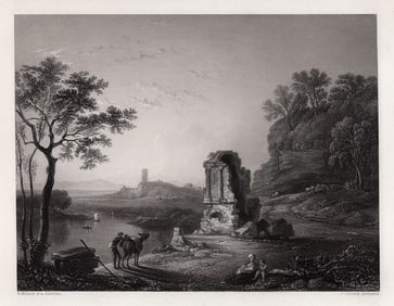RICHARD WILSON 1800s Engraving The Ruined Castle Temple SIGNED Framed