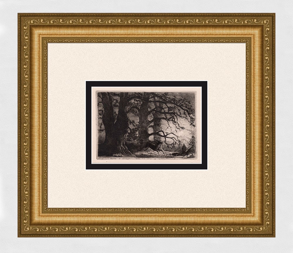 Philip Gilbert Hamerton Chestnuts 1873 etching: Philip Gilbert Hamerton. (English, 1834-1894). Chestnuts. Copper plate etching on laid paper. 1873. Signed in the plate lower left. Excellent. Image size 4 1/8 x 5 7/8 inches. Framed dimensions c. 13