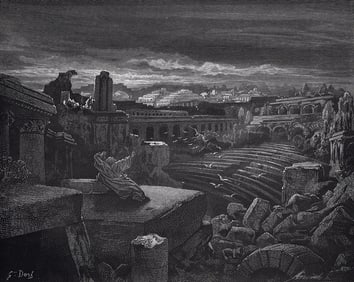 1800s Gustave Dore SIGNED Woodcut Isaiah's Vision of Destruction FRAMED