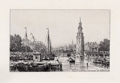 Maxime Lalanne 1884 etching Montalban Tower signed