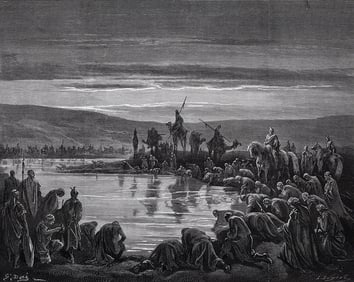 1800s Gustave DORE'S BIBLE Woodcut Gideon Chooses His Soldiers Framed SIGNED