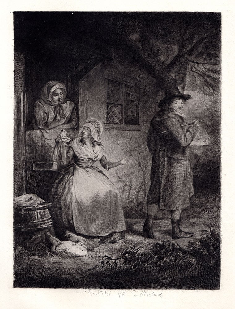 George Morland Going to the Fair 1886 etching: George Morland. (English, 1763-1804). "Going to the Fair". Hand Pulled copper plate etching on laid paper after the original by master engraver, Leon Richeton (English, 1854-1934). 1886. Signed in the