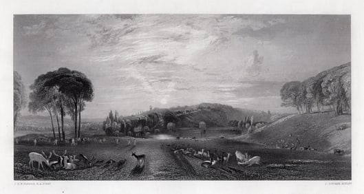 FRAMED 1800s JMW TURNER Engraving Deer Park at Sunset SIGNED