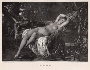 1800s Leon Bazile Perrault Woodcut The Bather