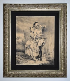 19th Century Ferier Original Charcoal The Lovers Framed Signed