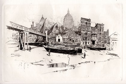 1885 Joseph Pennell etching St Paul's Cathedral Paul's Wharf signed