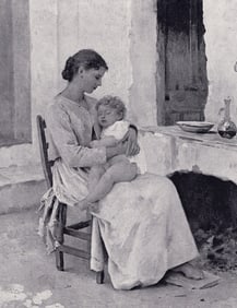 1800s Edouard Sain Antique Print Mother & Child Framed SIGNED