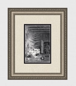1800's Gustave Dore Wood Engraving Spare bed at the Crocodile Signed Framed