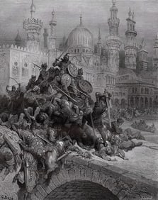 GUSTAVE DORE 1800s Woodcut Grifone Holds Norandino’s Men at Bay Signed Framed