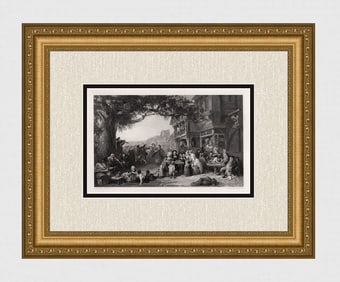 Frederick GOODALL SIGNED 1800s Engraving THE TAVERN FEAST Framed