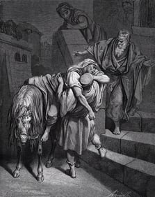 GUSTAVE DORE 1800s Biblical Woodcut THE GOOD SAMARITAN Signed Framed