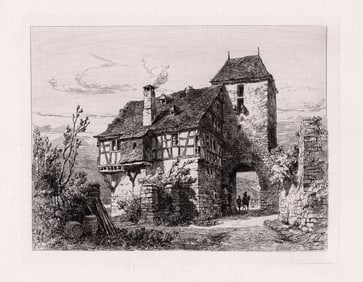 Sir Ernest George Old House and Towered Gateway at Cochem etching signed