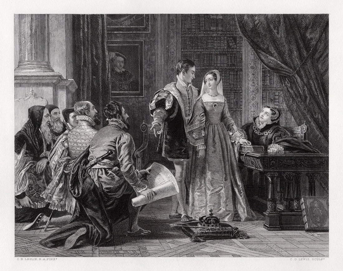 1800s Charles Robert Leslie Engraving Lord Dudley & Lady Jane SIGNED Framed COA: Charles Robert Leslie (English, 1794 - 1859). The Offer of the Crown to Lady Jane Grey. Antique engraving on wove paper after the original by master engraver Charles George Lewis (British, 1808-1880).