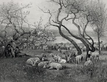 Louis Aime Japy 1800s Antique Print The Shepherds Rest FRAMED Signed